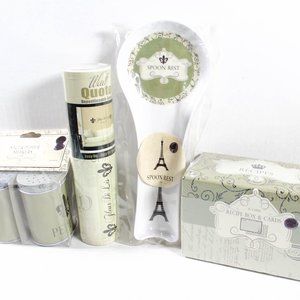 NWT Y2K Rustic French Country Style Paris Eifel Tower Olive Green Kitchen Set